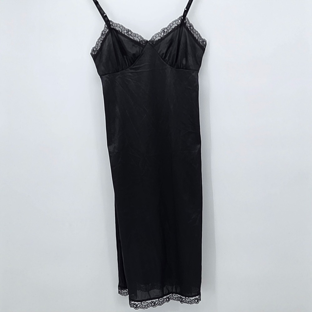 Vintage 70s Deena Black Lace Trim Midi Slip Whimsygoth Gothglam USA Size 34 NWT